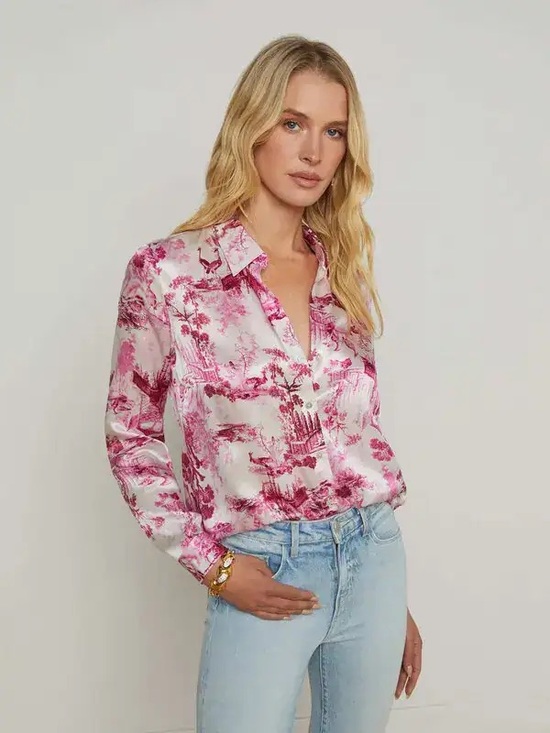 L'AGENCE Tops - NWT L'Agence Tyler Silk Blouse Top In White/pink Small Porcelain Toile